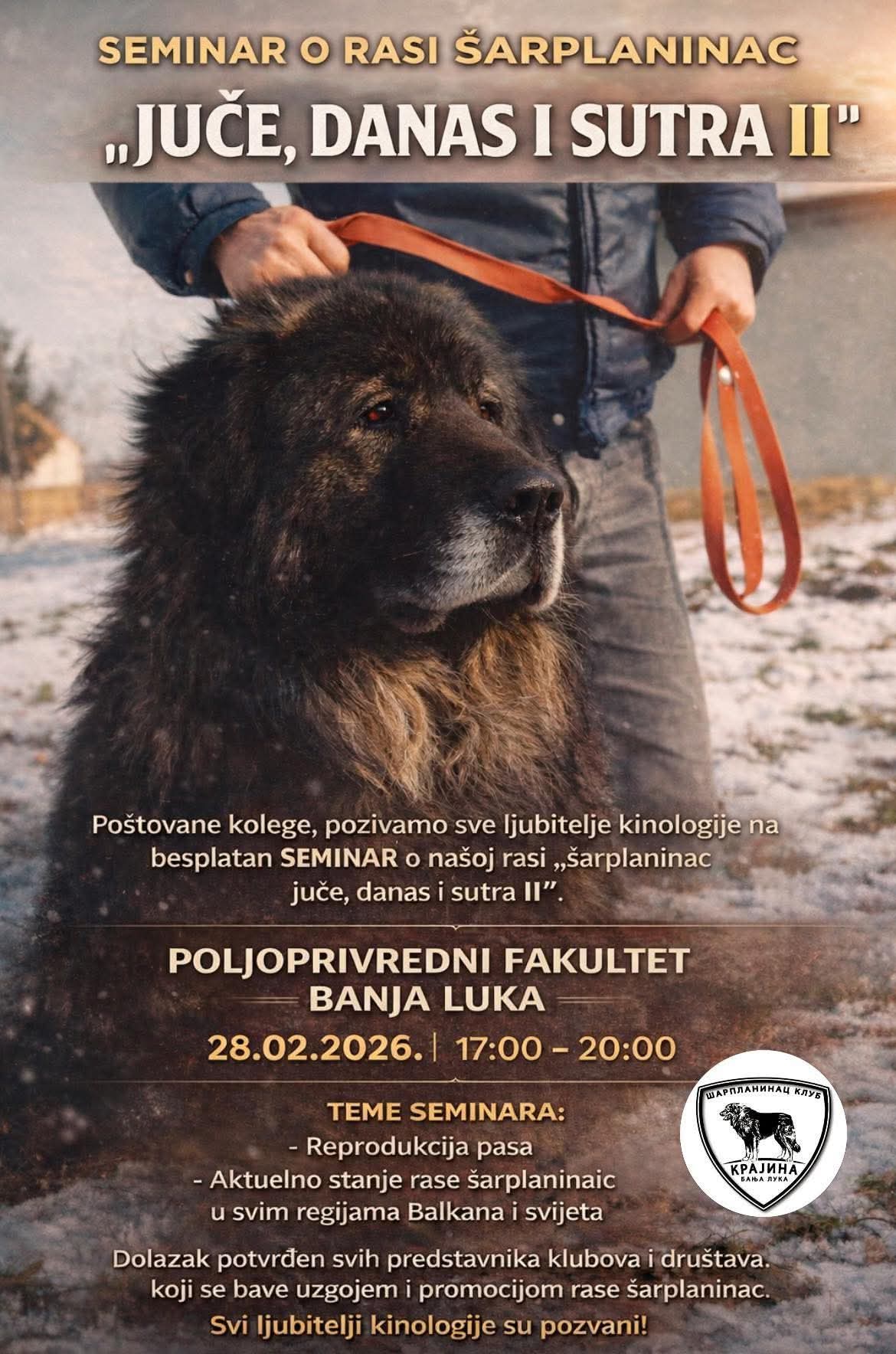 POZIV NA SEMINAR O RASI ŠARPLANINAC „JUČE, DANAS I SUTRA II”